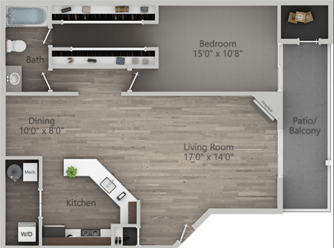 Floor plan for 1 bed, 1 bath, 730 sqft